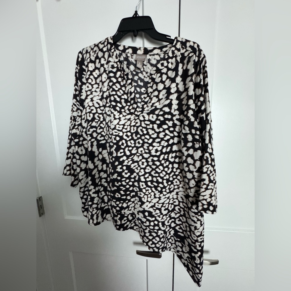 Chico's Black and White Animal Print Asymmetrical Blouse